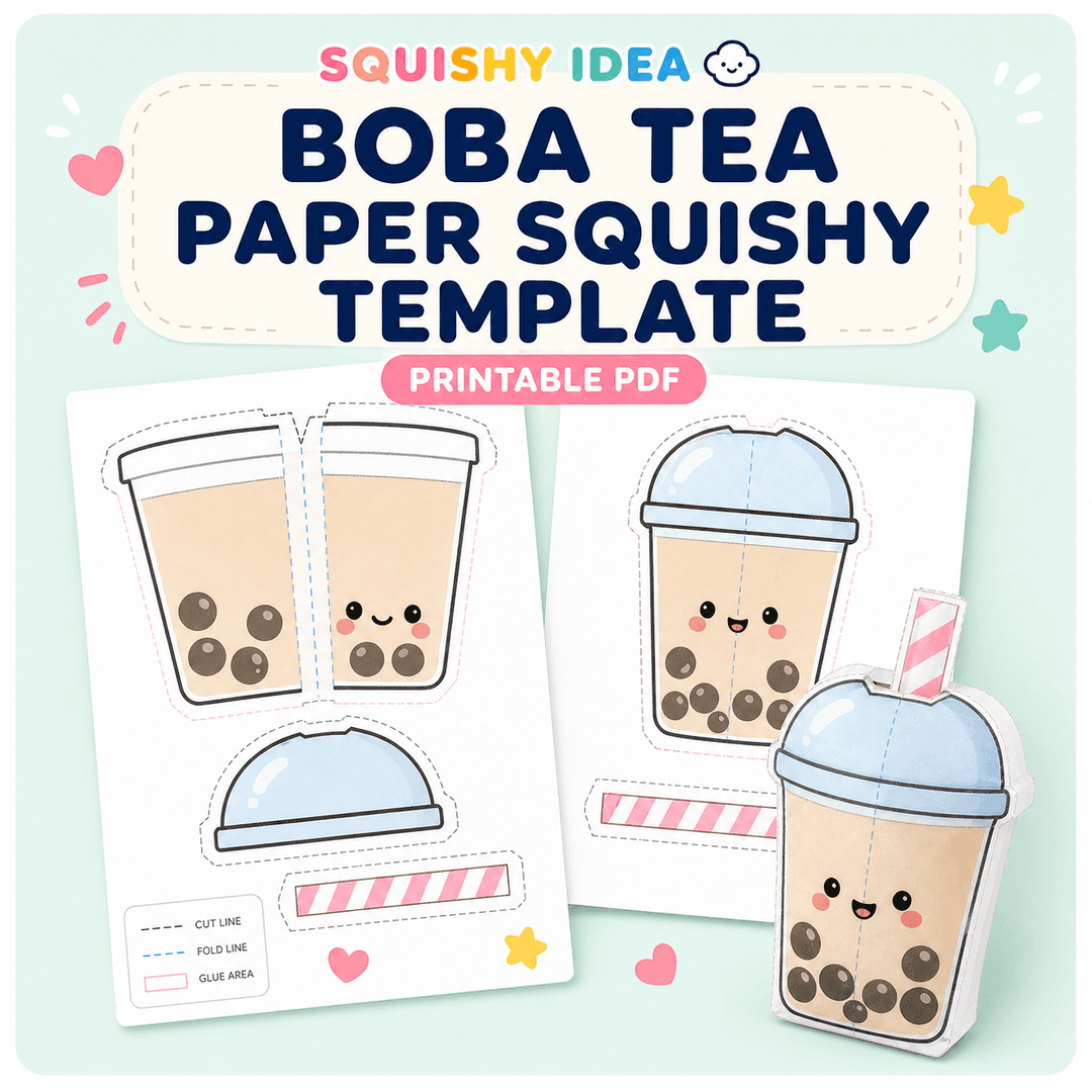 Boba paper squishy template preview with printable bubble tea cup pieces and a smiling finished drink craft