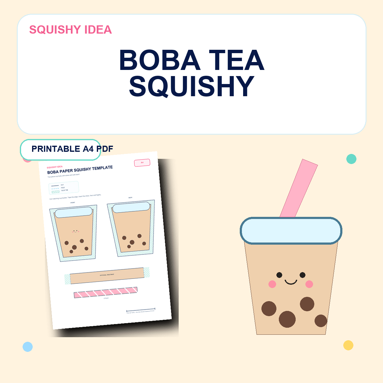 Boba paper squishy template preview with printable bubble tea cup pieces and a smiling finished drink craft
