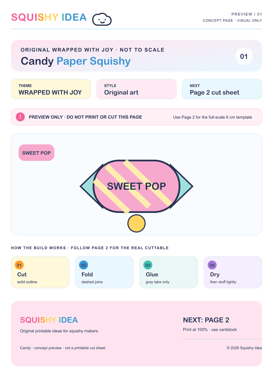 Candy paper squishy template preview showing a six-panel cube net with generic wrapped-candy artwork