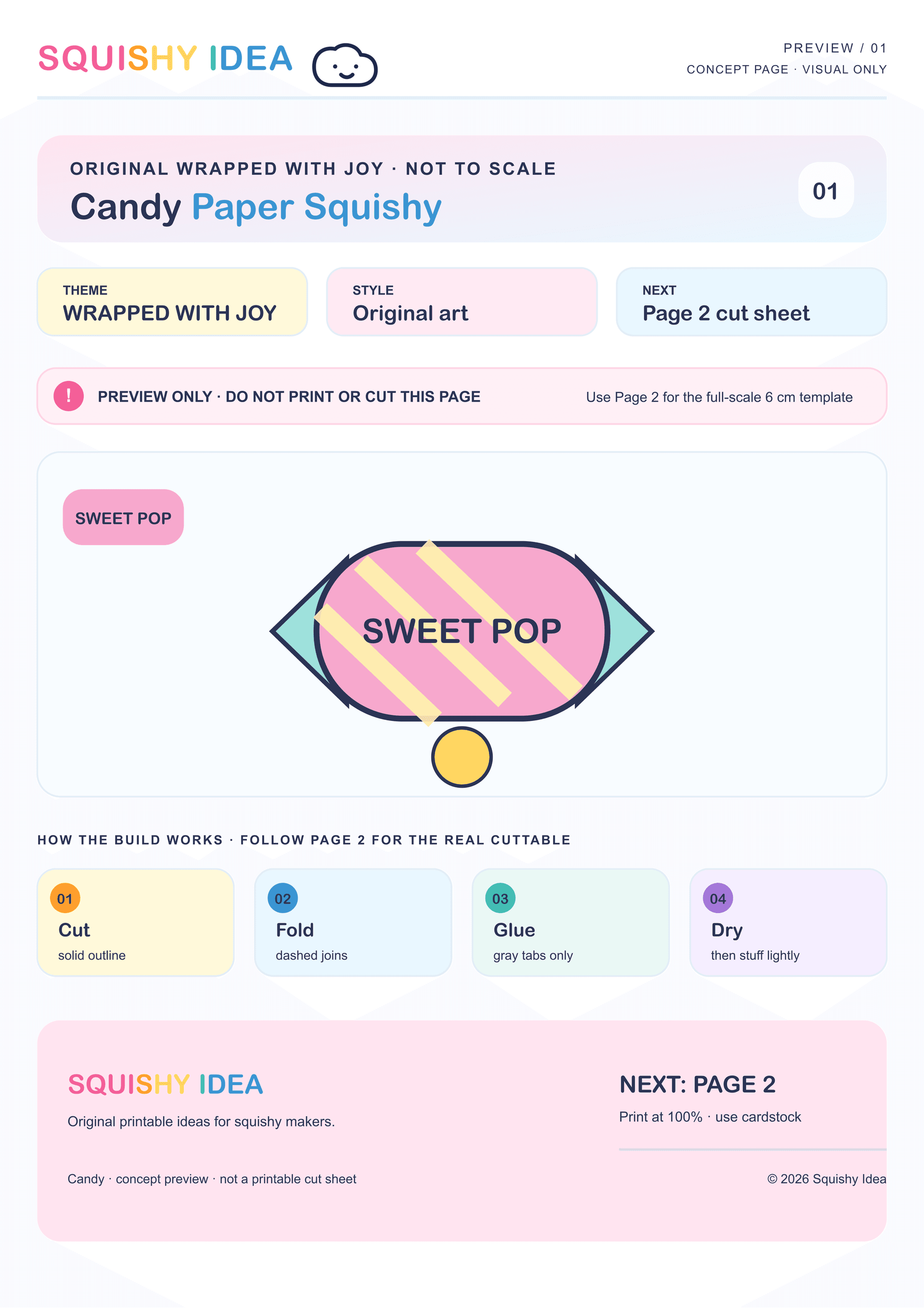 Candy paper squishy template preview showing a six-panel cube net with generic wrapped-candy artwork