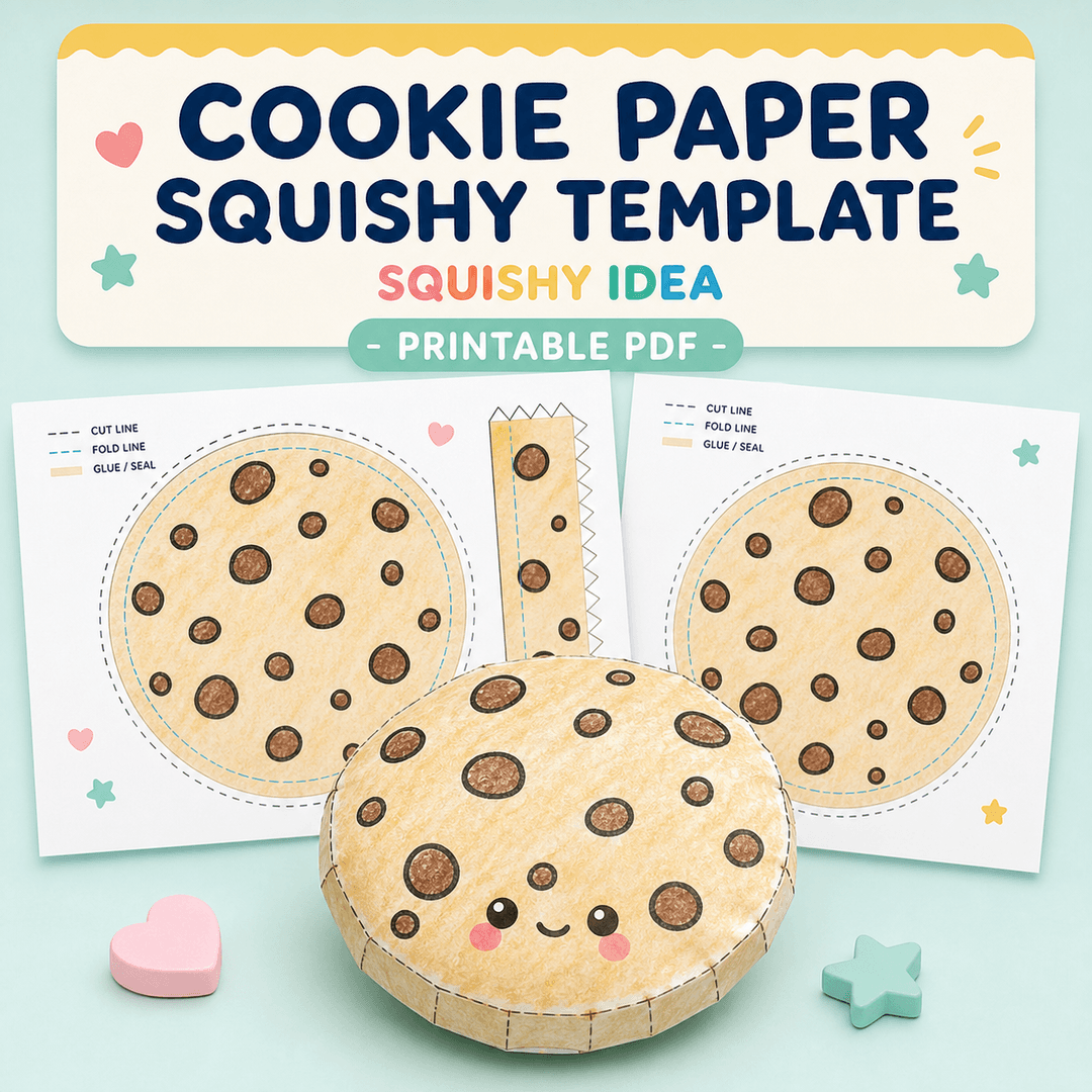 Cookie paper squishy template preview with printable chocolate chip cookie pieces and a finished round squishy craft