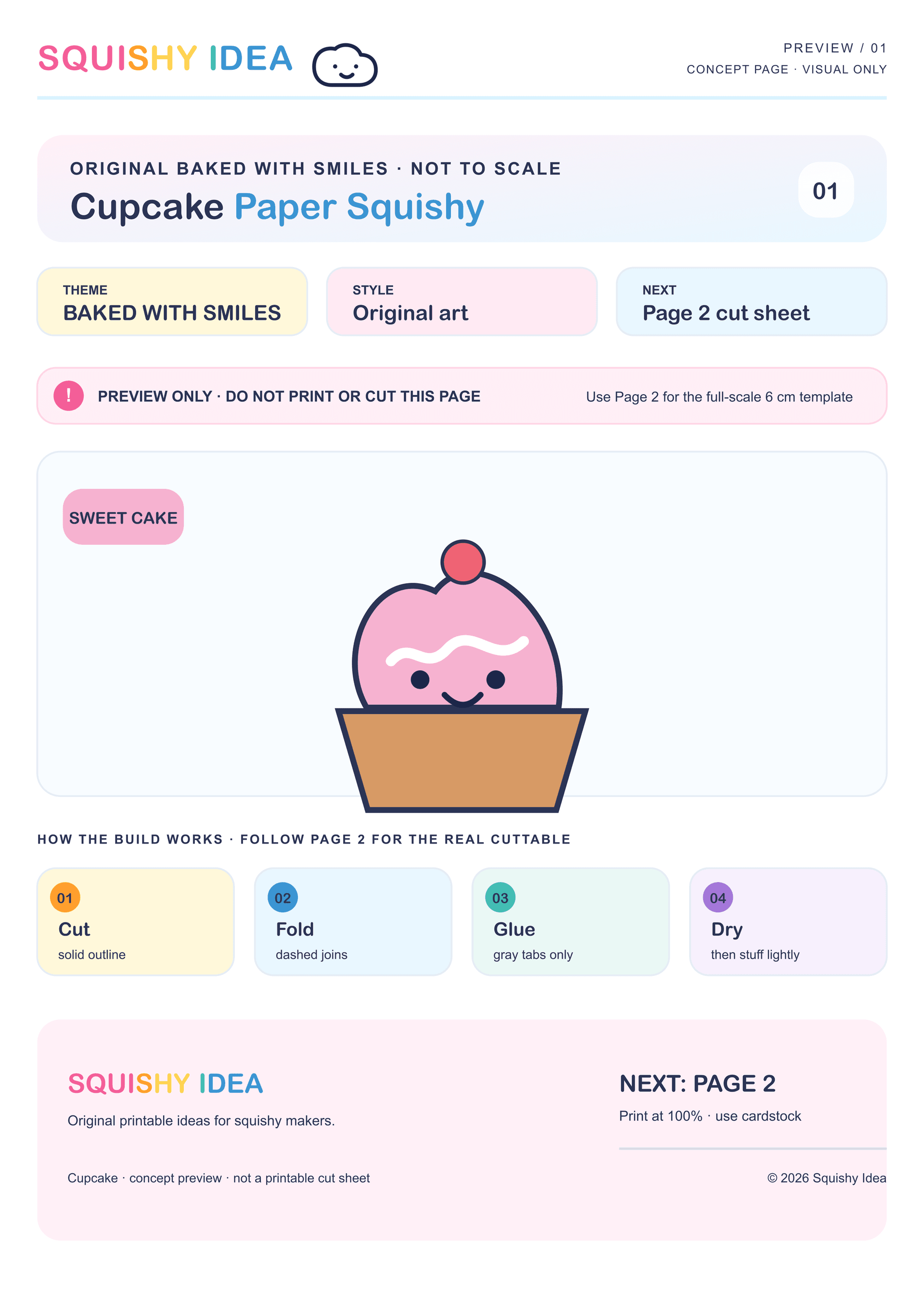 Cupcake paper squishy template preview showing a six-panel cube net with frosting and sprinkle artwork