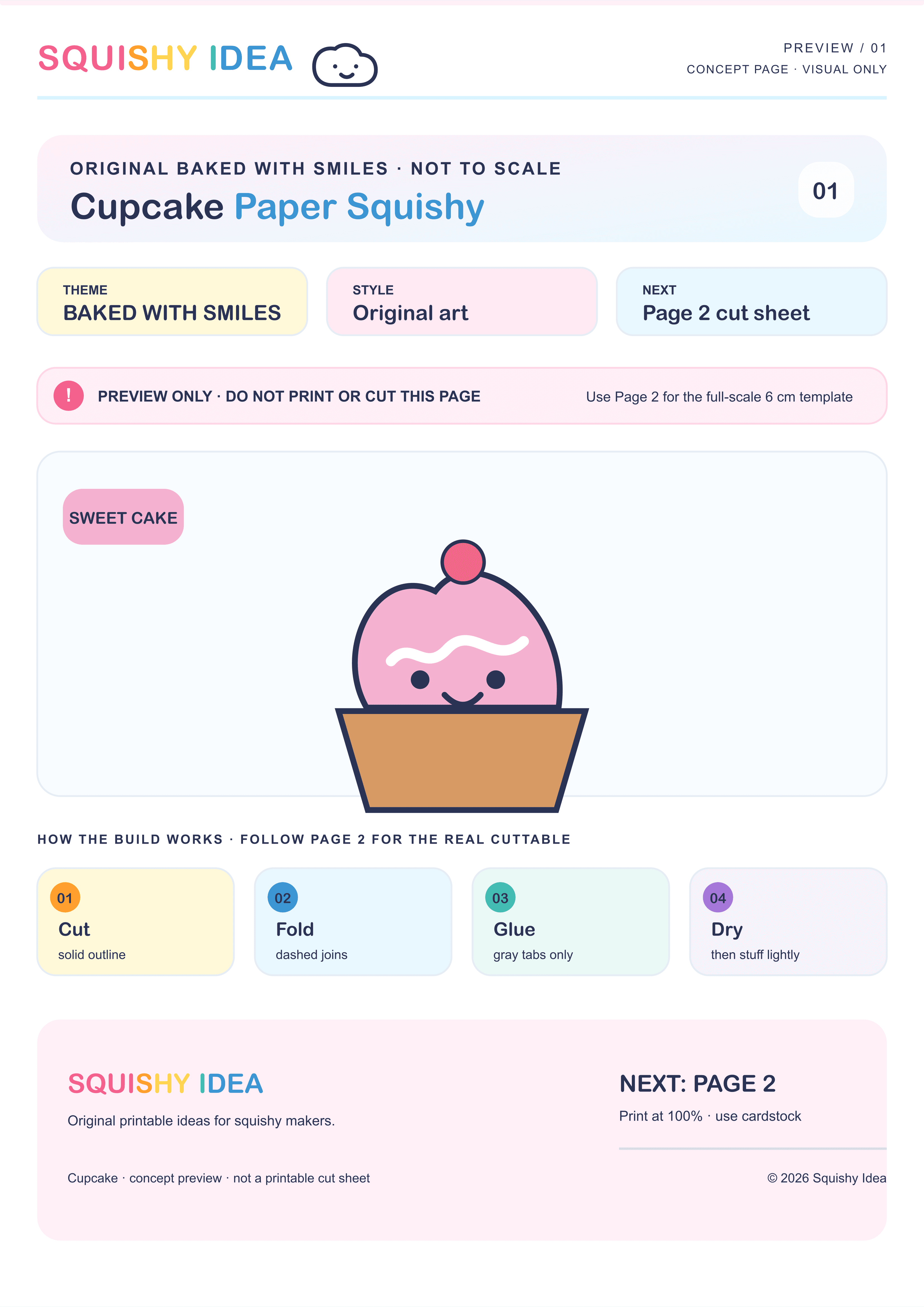 Original SQUISHY IDEA cupcake paper squishy template with printable pieces and a finished dessert craft