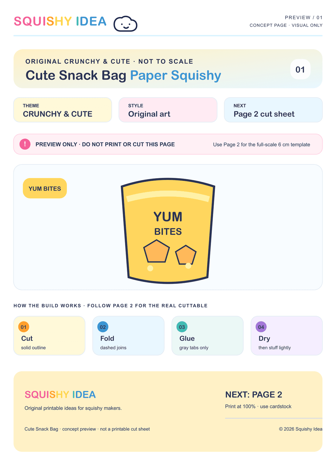 Cute snack bag paper squishy template preview showing a six-panel cube net with generic chip snack artwork