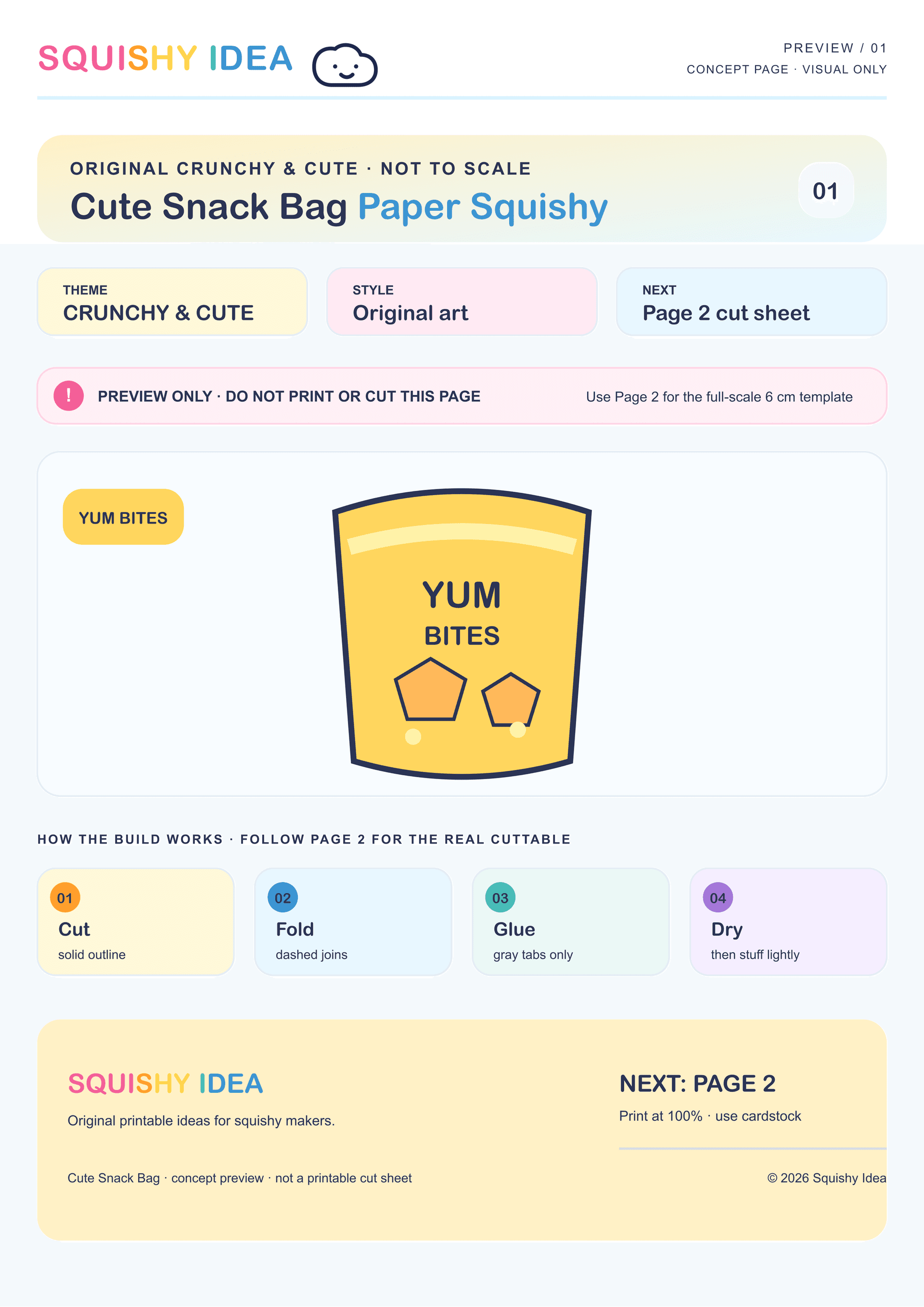 Cute snack bag paper squishy template preview showing a six-panel cube net with generic chip snack artwork