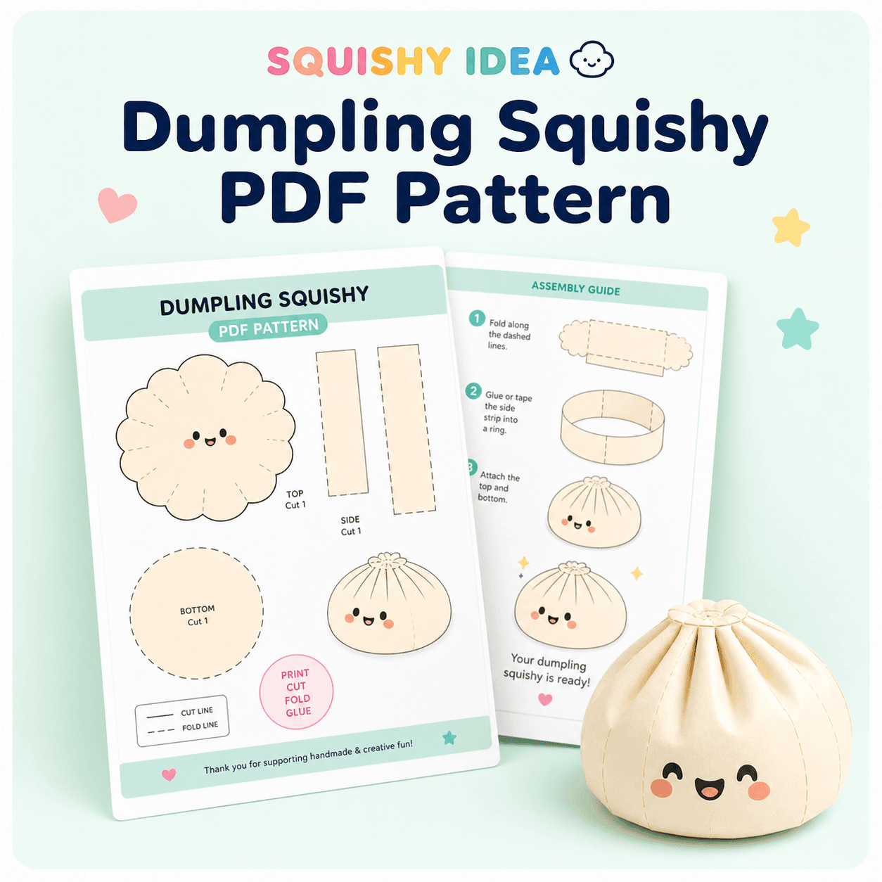 Original SQUISHY IDEA dumpling paper squishy PDF pattern and finished paper dumpling craft