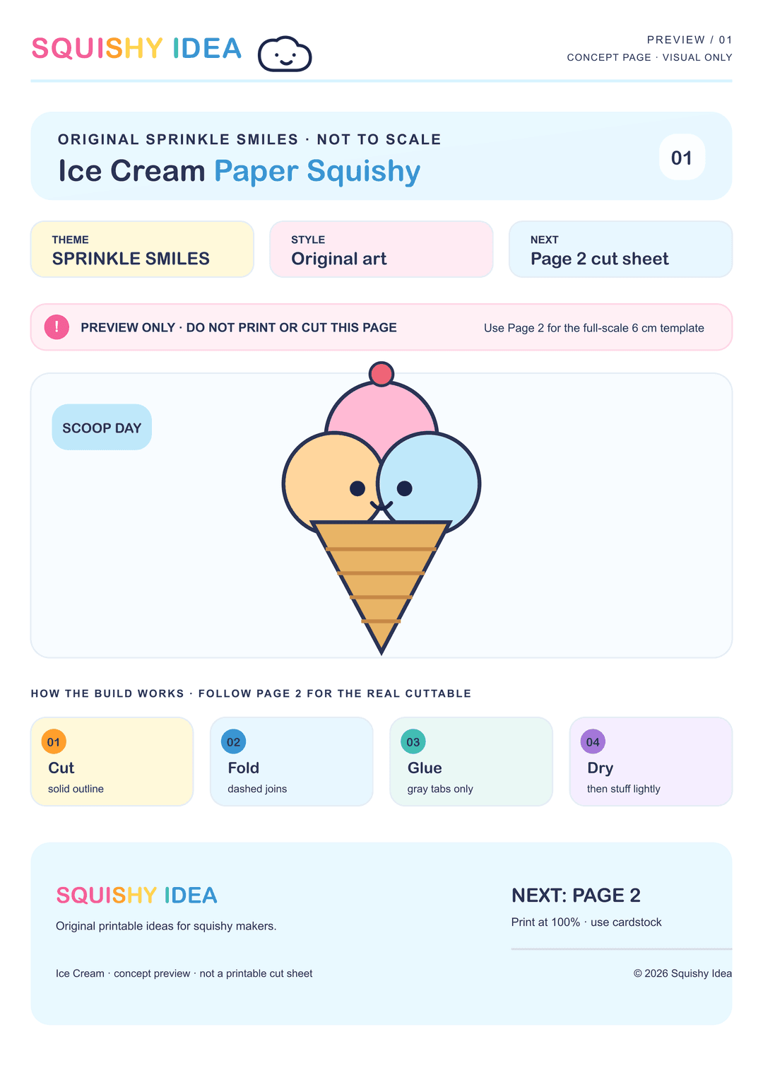 Ice cream paper squishy template preview showing a six-panel cube net with cute dessert artwork
