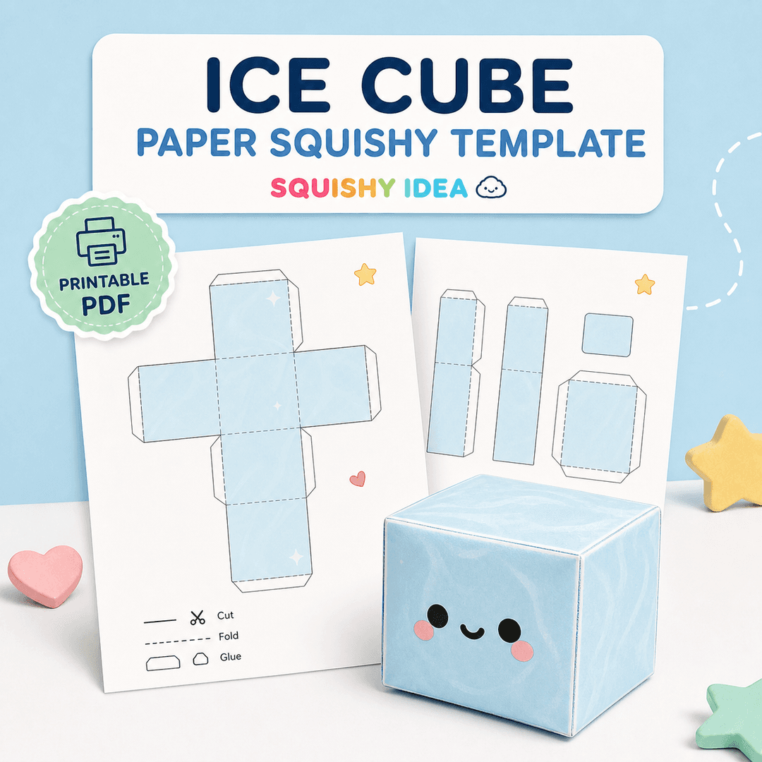 Ice cube paper squishy template preview with a blue printable cube net and smiling finished cube craft