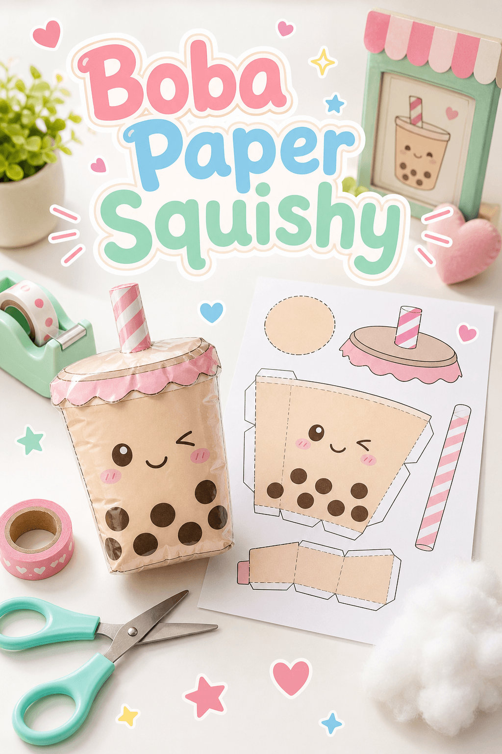 Boba paper squishy template with printable bubble tea cup pieces and finished smiling drink craft.
