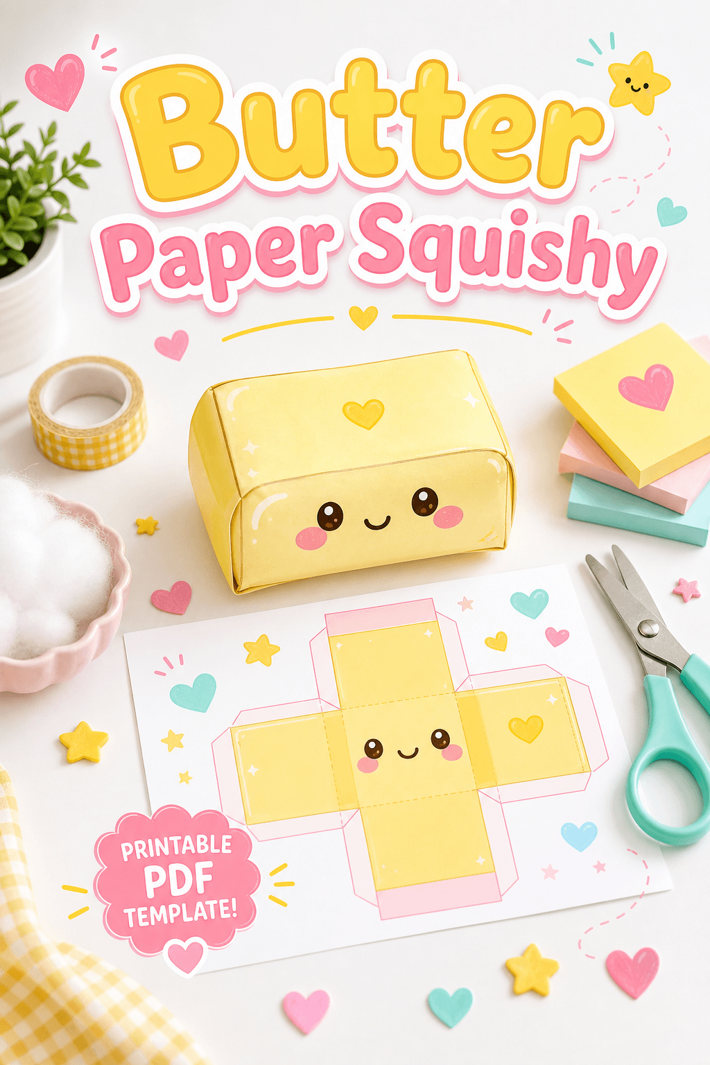 Butter paper squishy template with printable PDF sheet and finished smiling butter craft.