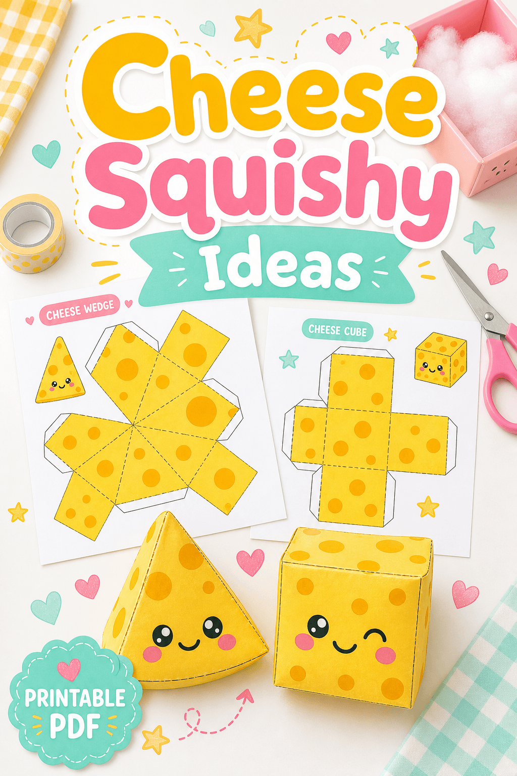 Cheese squishy idea pack with printable cheese templates and finished paper cheese squishies.