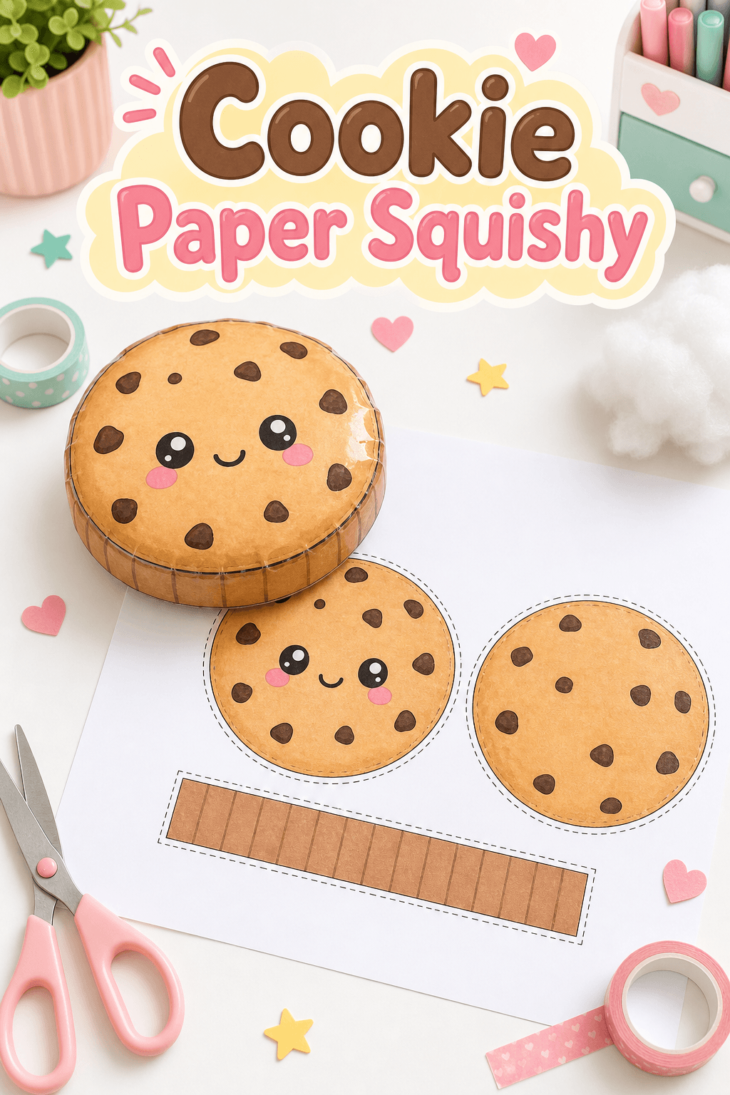 Cookie paper squishy template with printable chocolate chip cookie pieces and finished round paper craft.
