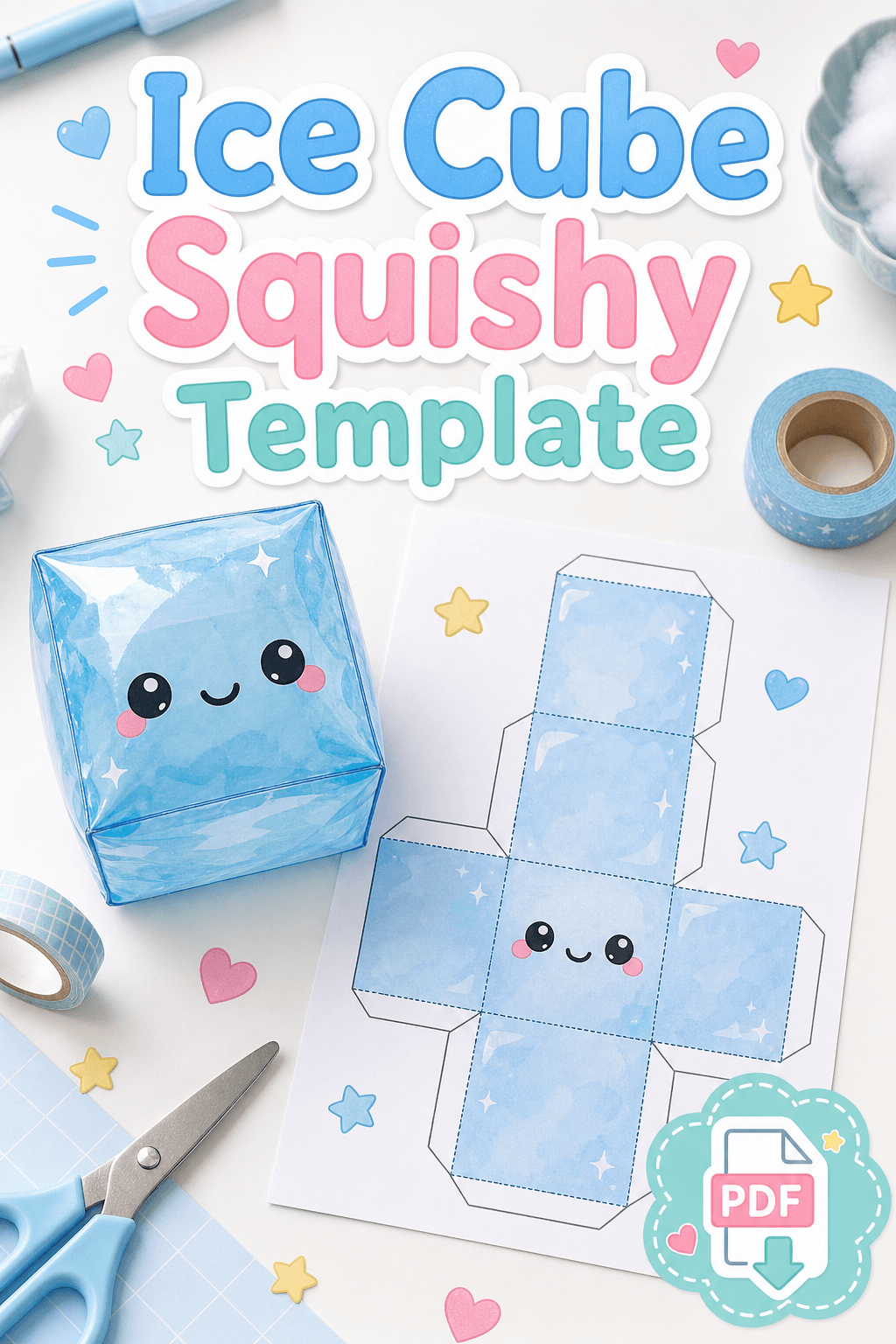 Ice cube paper squishy template with blue printable cube net and finished cute paper cube.