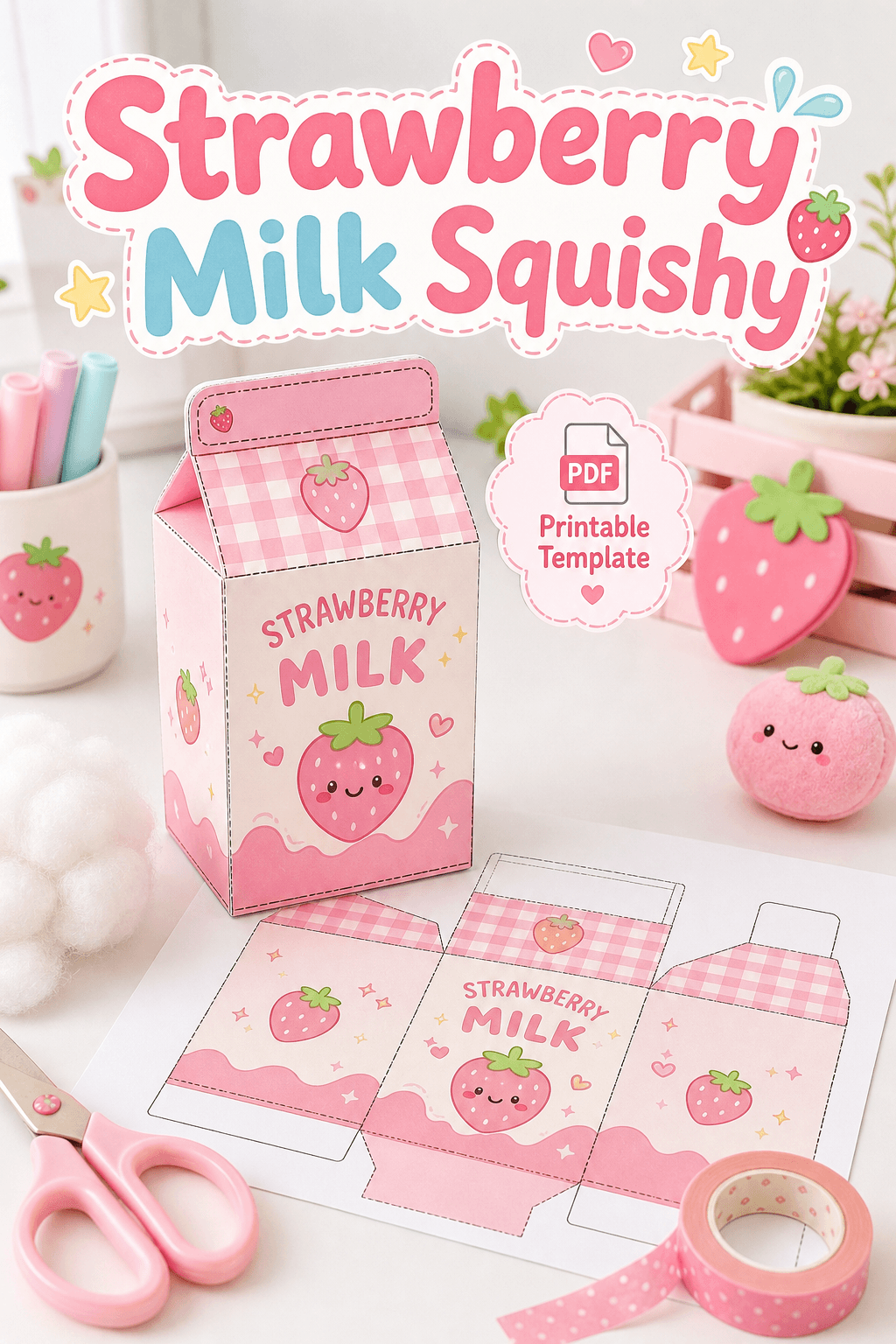 Strawberry milk carton paper squishy template with printable carton net and finished pink carton craft.