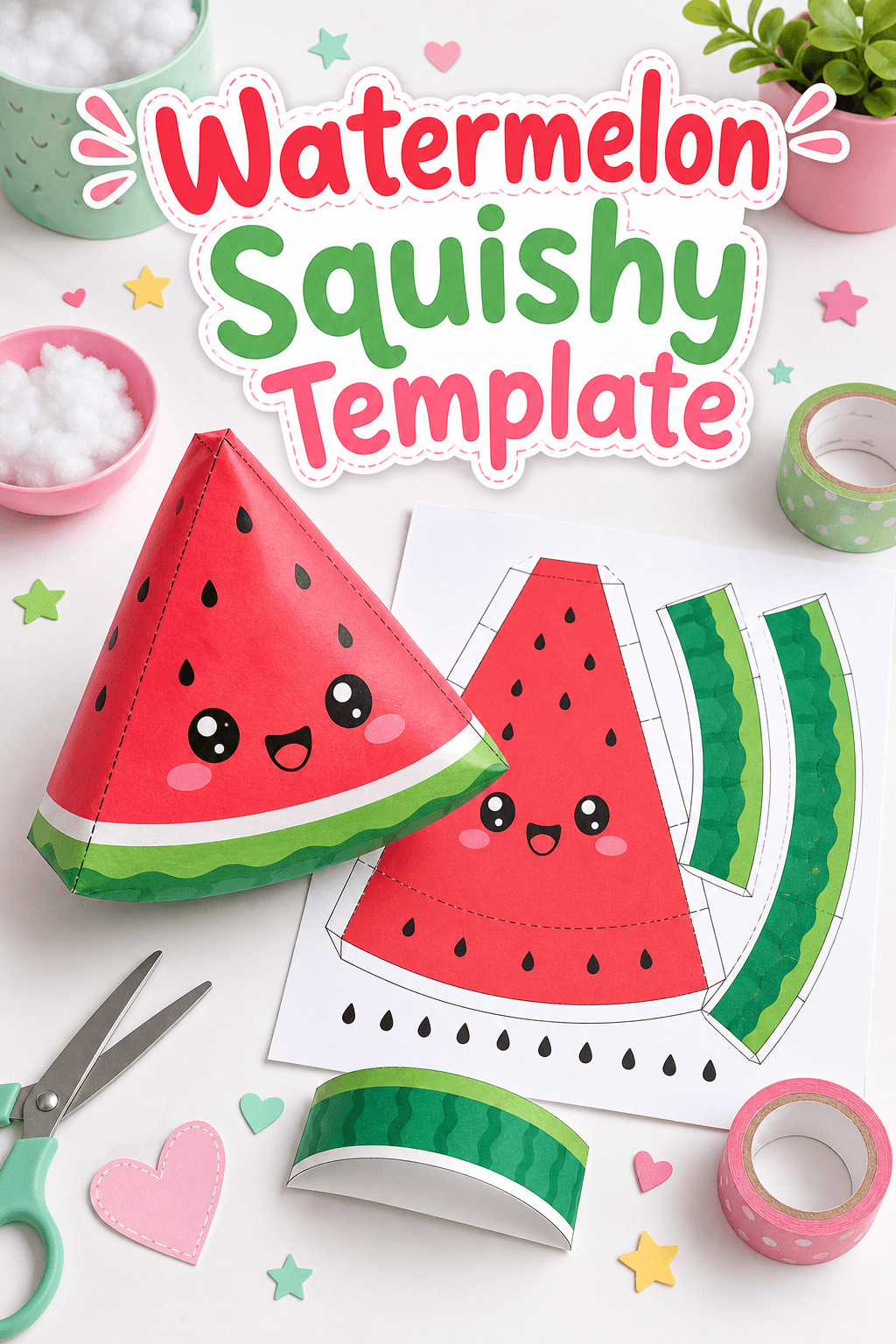Watermelon paper squishy template with printable fruit slice pieces and finished smiling paper watermelon craft.