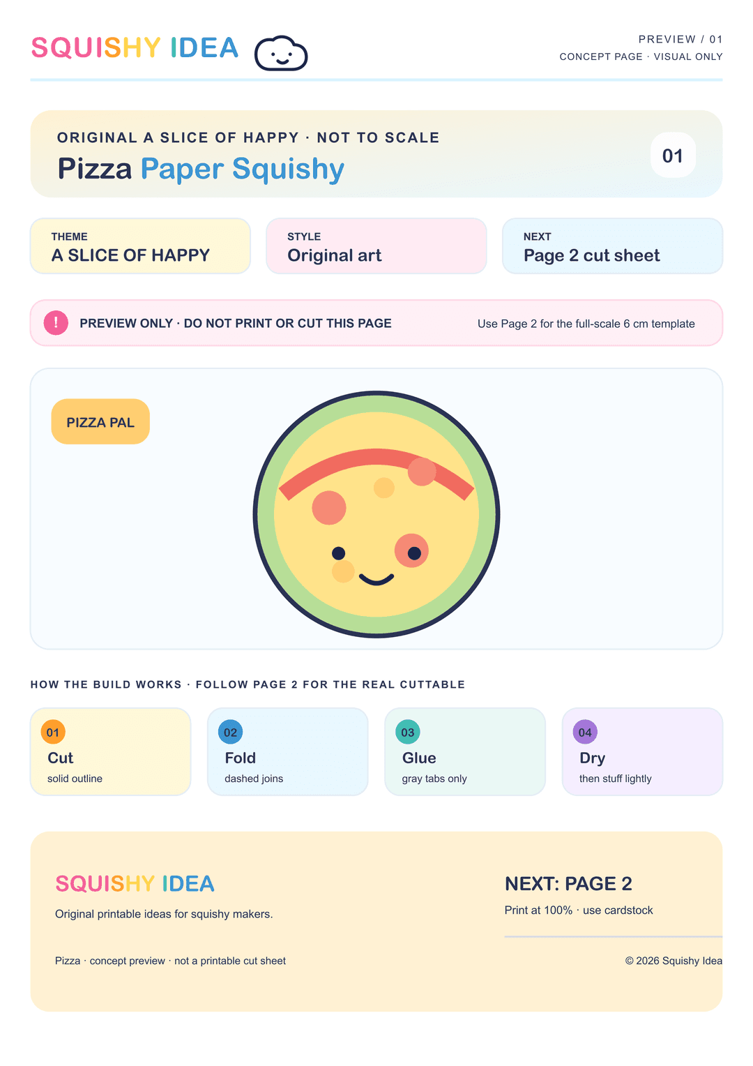 Pizza paper squishy template preview showing a six-panel cube net with generic topping artwork