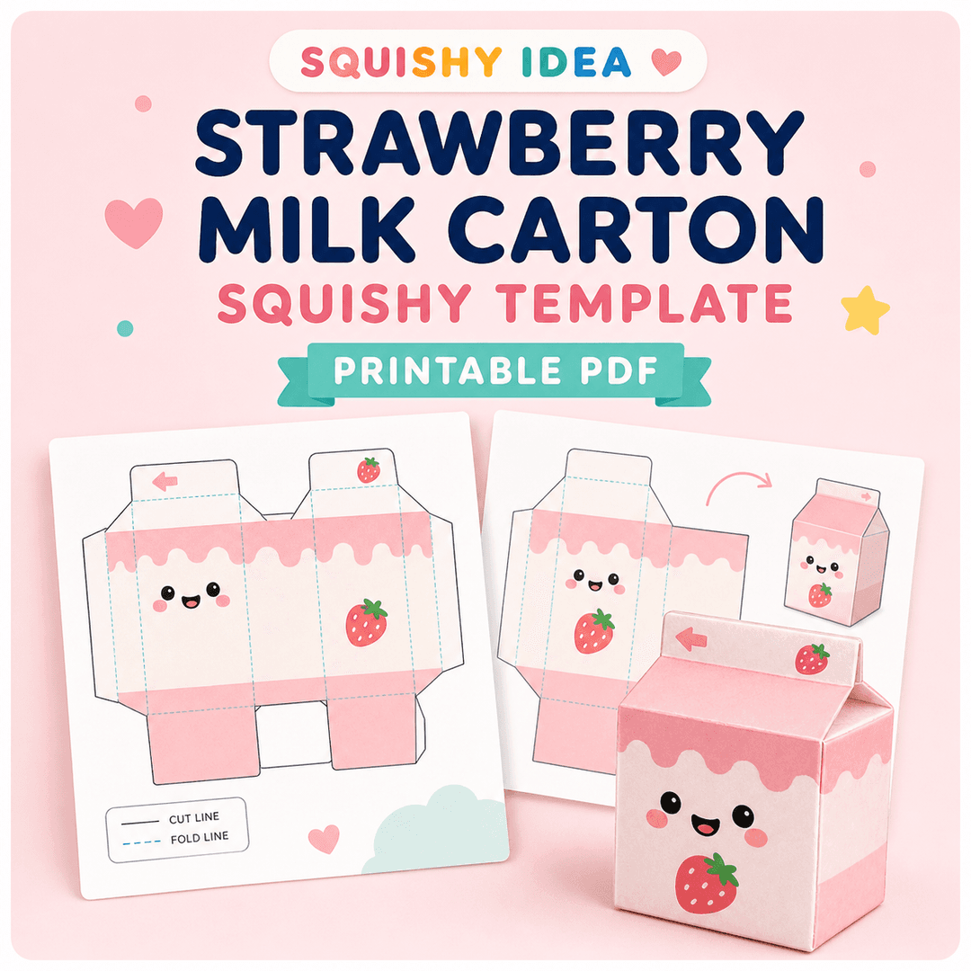 Strawberry milk carton paper squishy preview with a pink printable carton net and finished milk craft