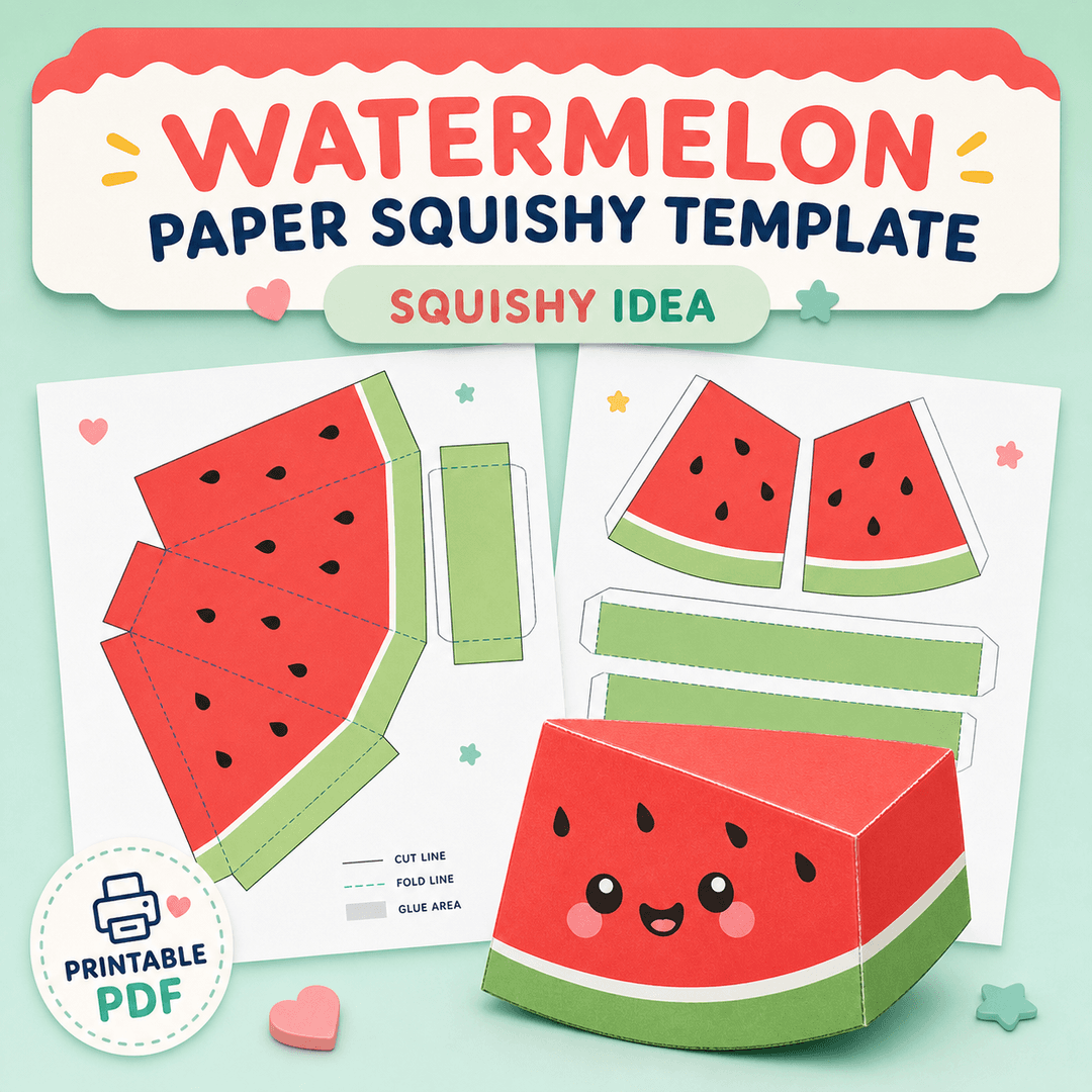 Watermelon paper squishy template preview with printable red fruit slices and a smiling finished watermelon craft
