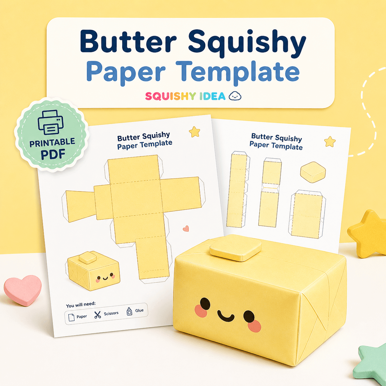 Butter squishy paper template mockup with printable PDF sheets and finished smiling butter craft