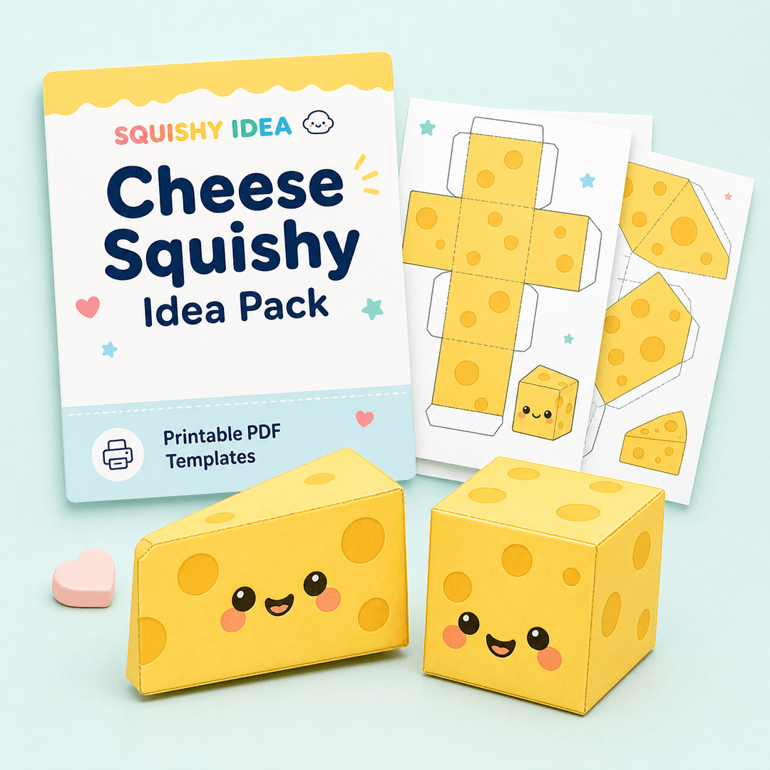 Cheese squishy idea pack mockup with printable paper cheese squishy designs