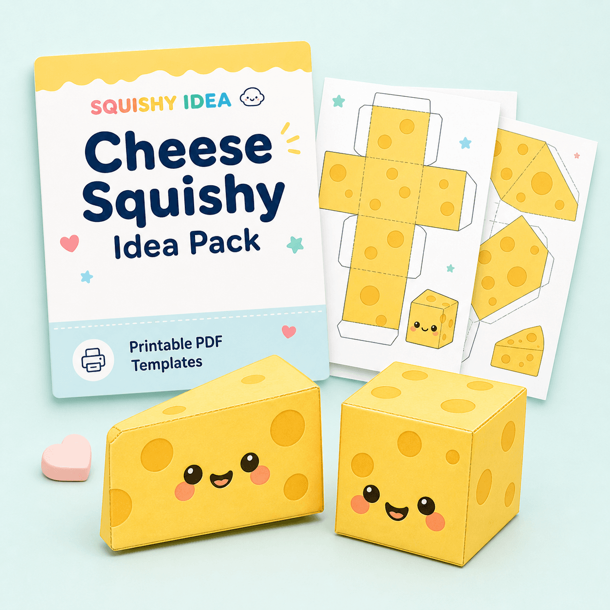 Cheese squishy idea pack mockup with printable paper cheese squishy designs