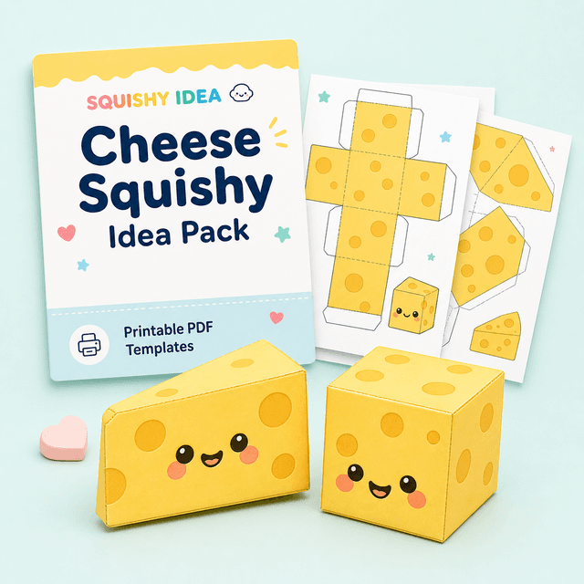 Cheese squishy idea pack mockup with printable paper cheese squishy designs