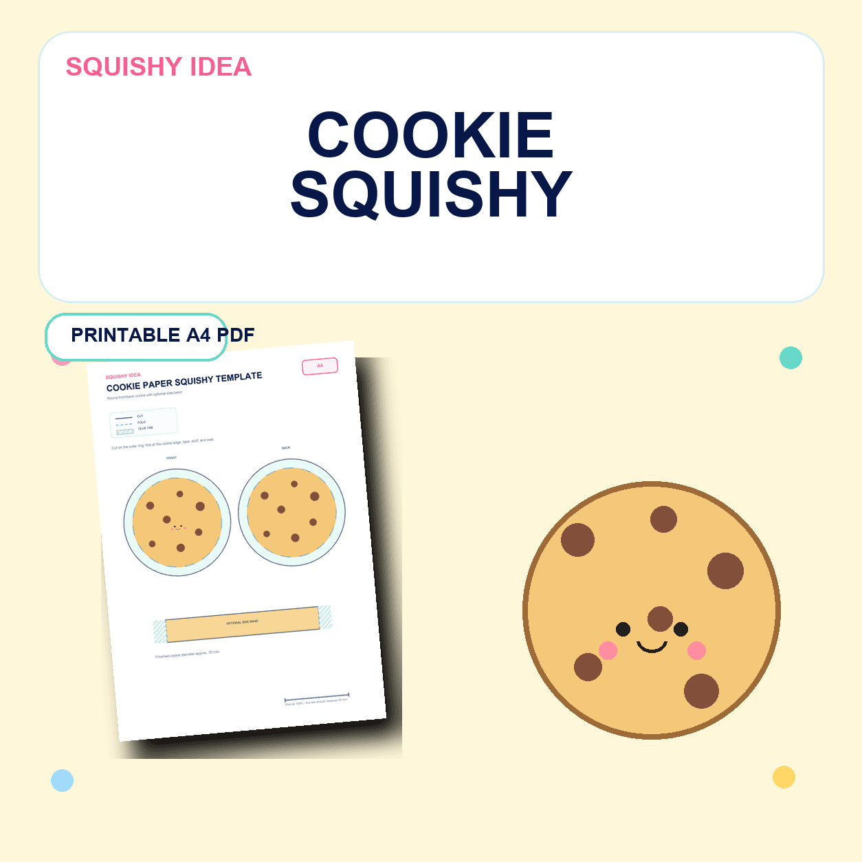 Cookie paper squishy template preview with printable chocolate chip cookie pieces and a finished round squishy craft