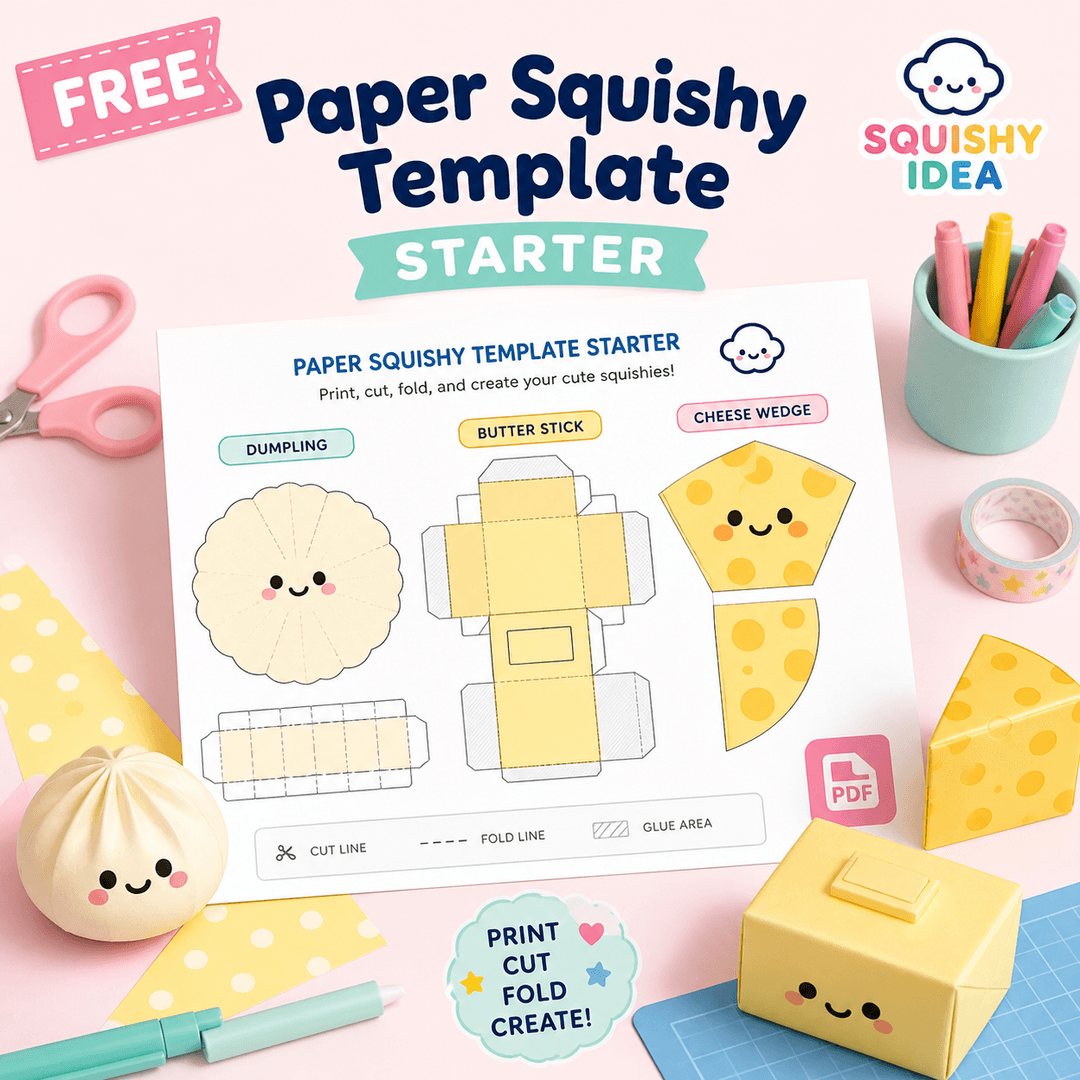 Free paper squishy template PDF preview with cute printable shapes and craft supplies