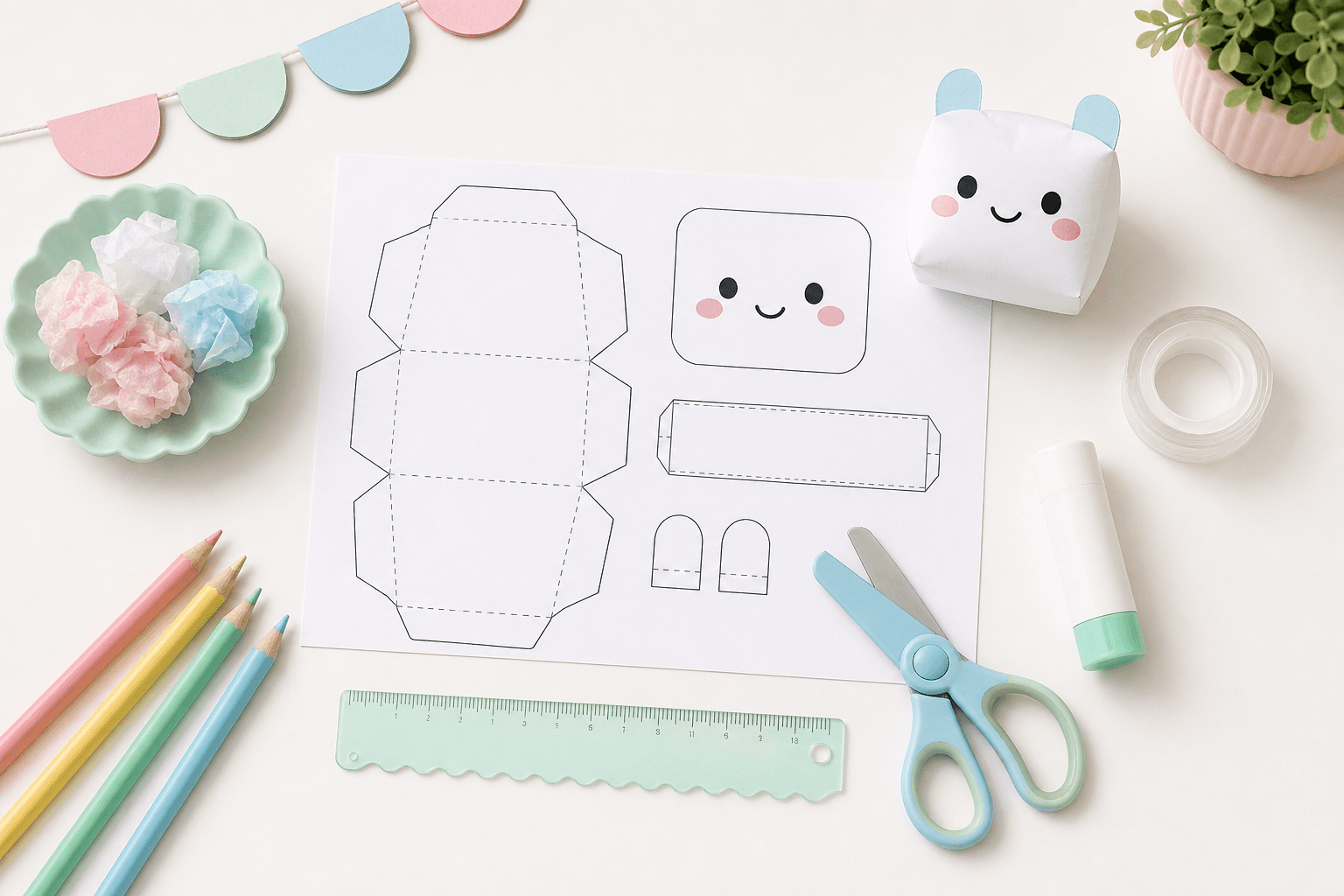 Paper squishy craft supplies including paper template, tape, scissors, glue stick, ruler, pencils, and tissue filling