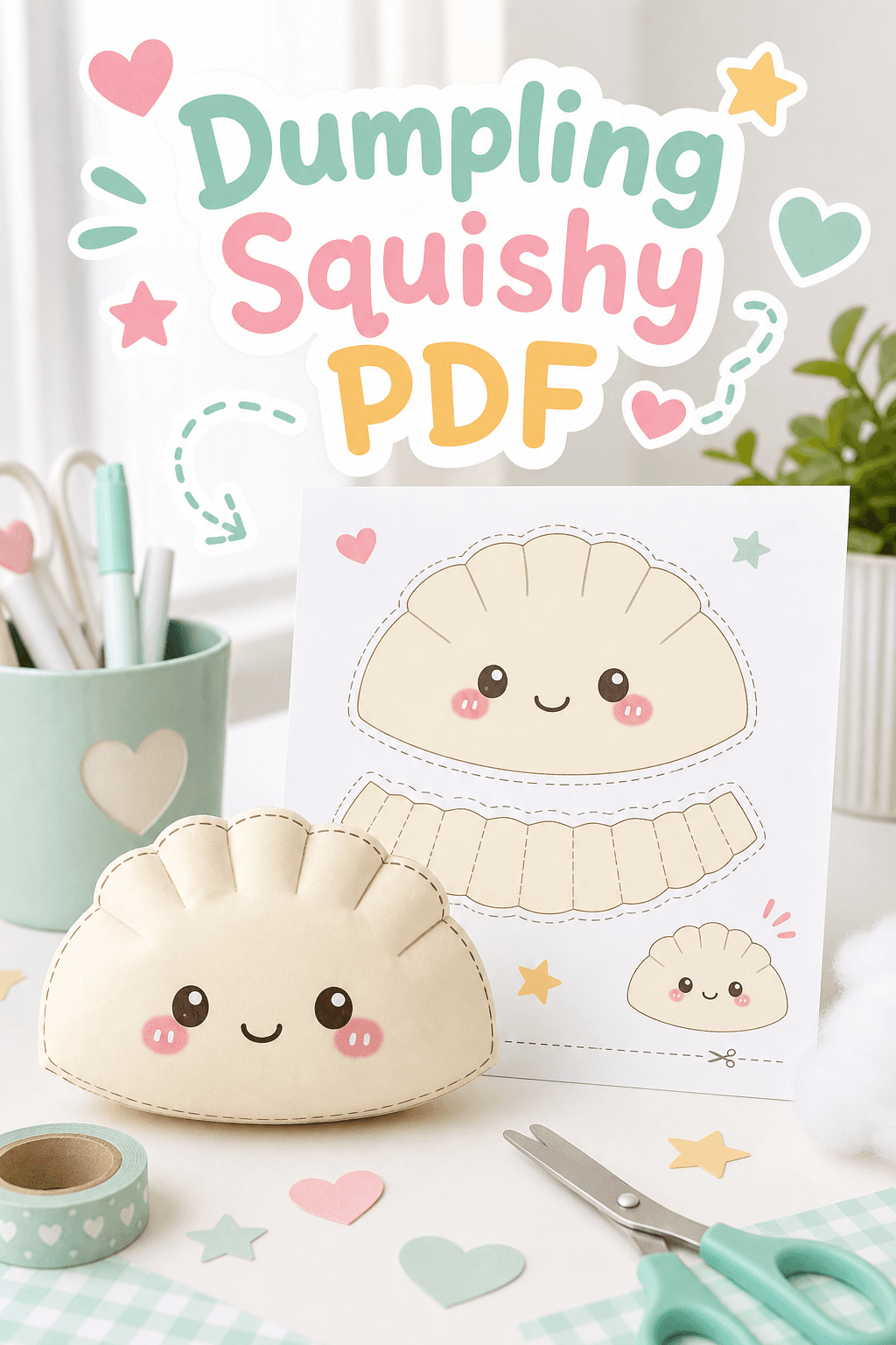 Printable dumpling squishy PDF pattern with a finished smiling paper dumpling craft.