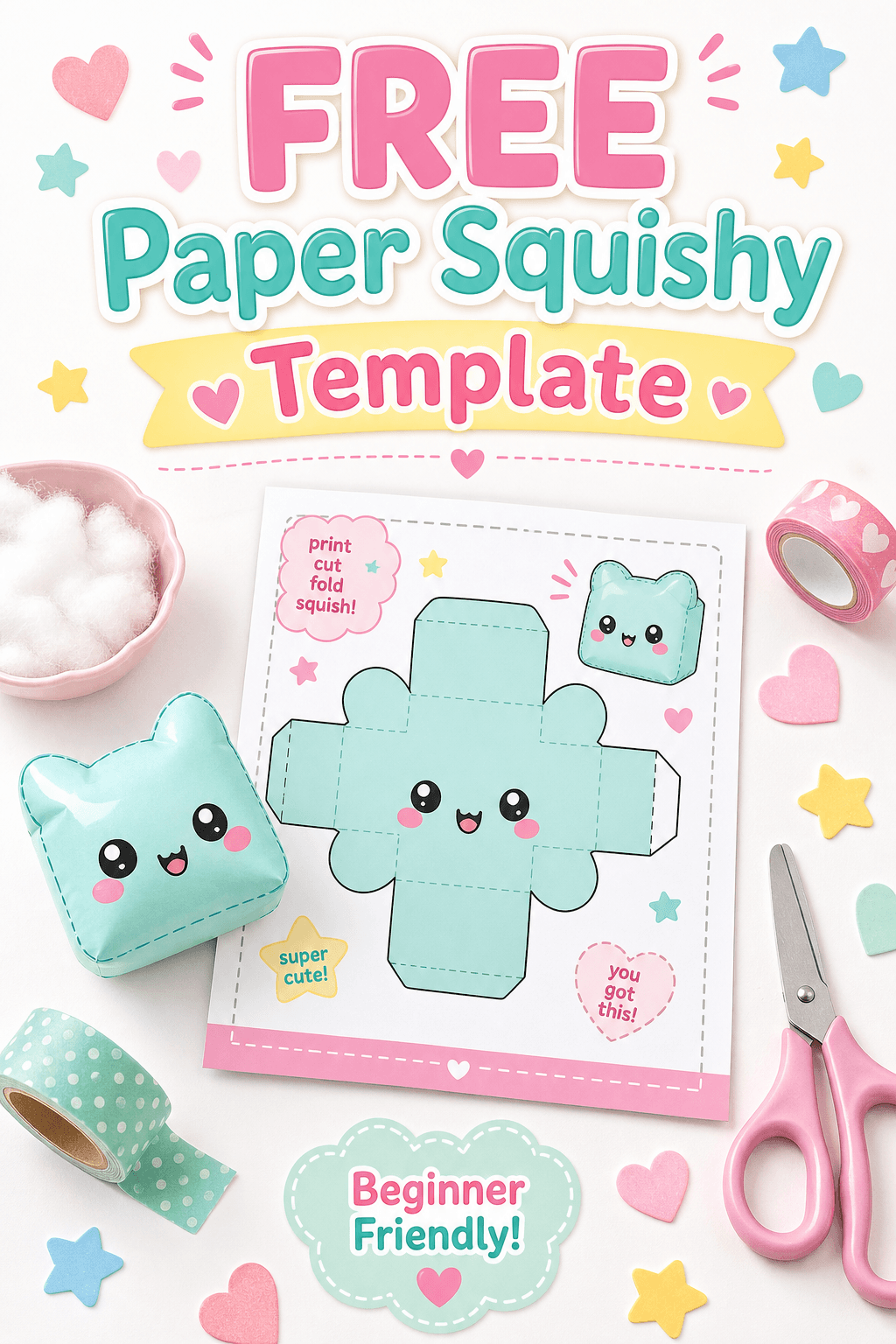 Free beginner paper squishy template with printable sheet, craft supplies, and a finished cute paper squishy.