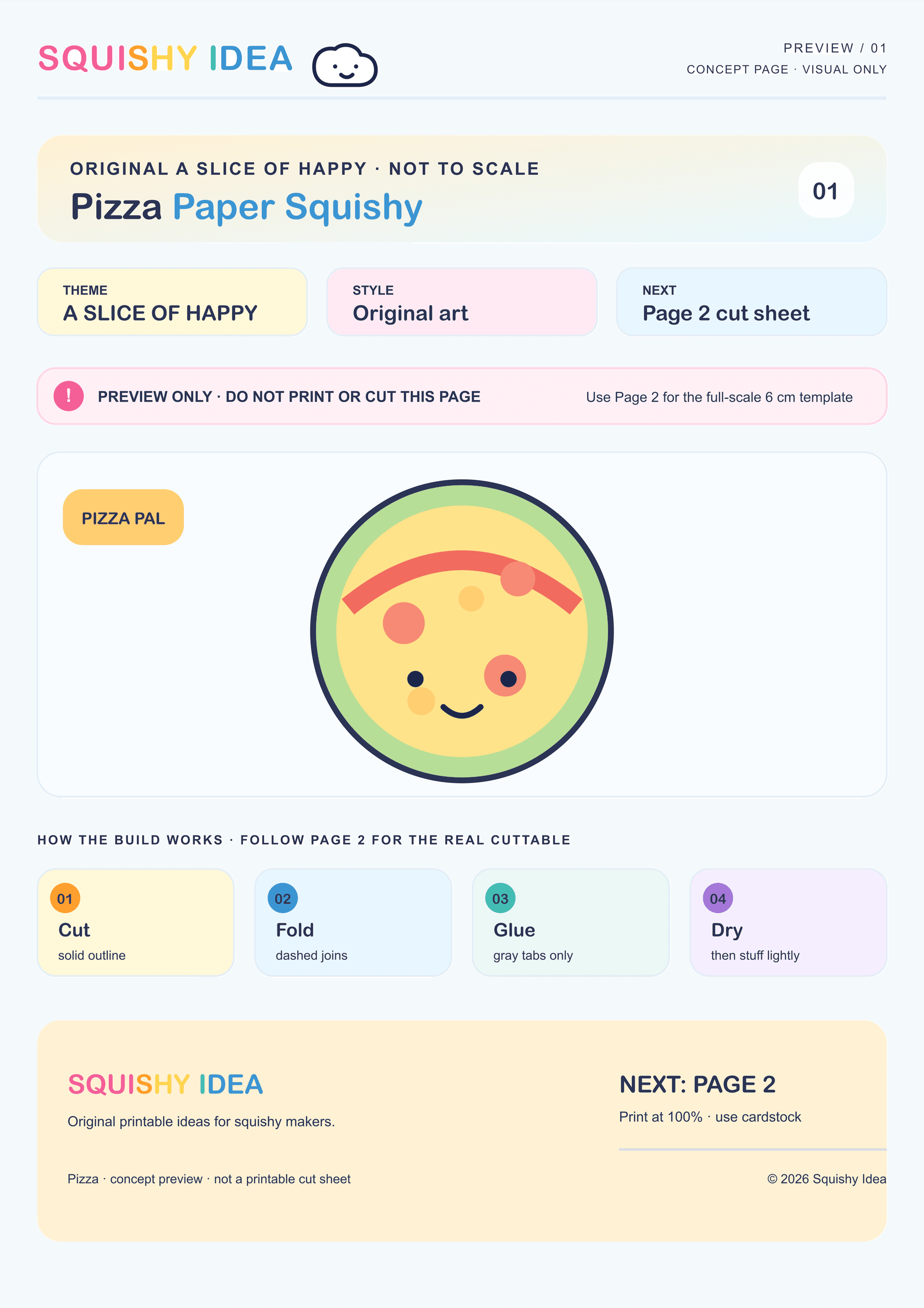 Pizza paper squishy template preview showing a six-panel cube net with generic topping artwork