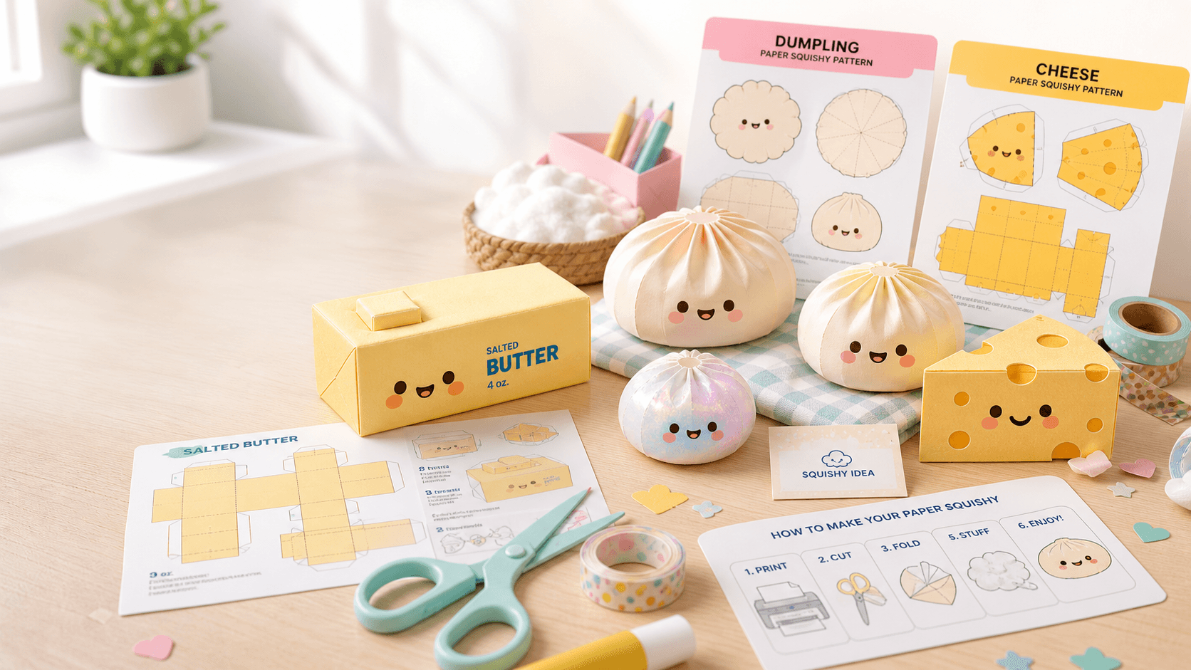 Printable paper squishy ideas hero scene with dumpling, butter, and cheese PDF crafts