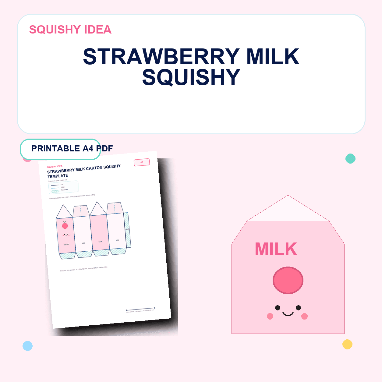 Strawberry milk carton paper squishy preview with a pink printable carton net and finished milk craft