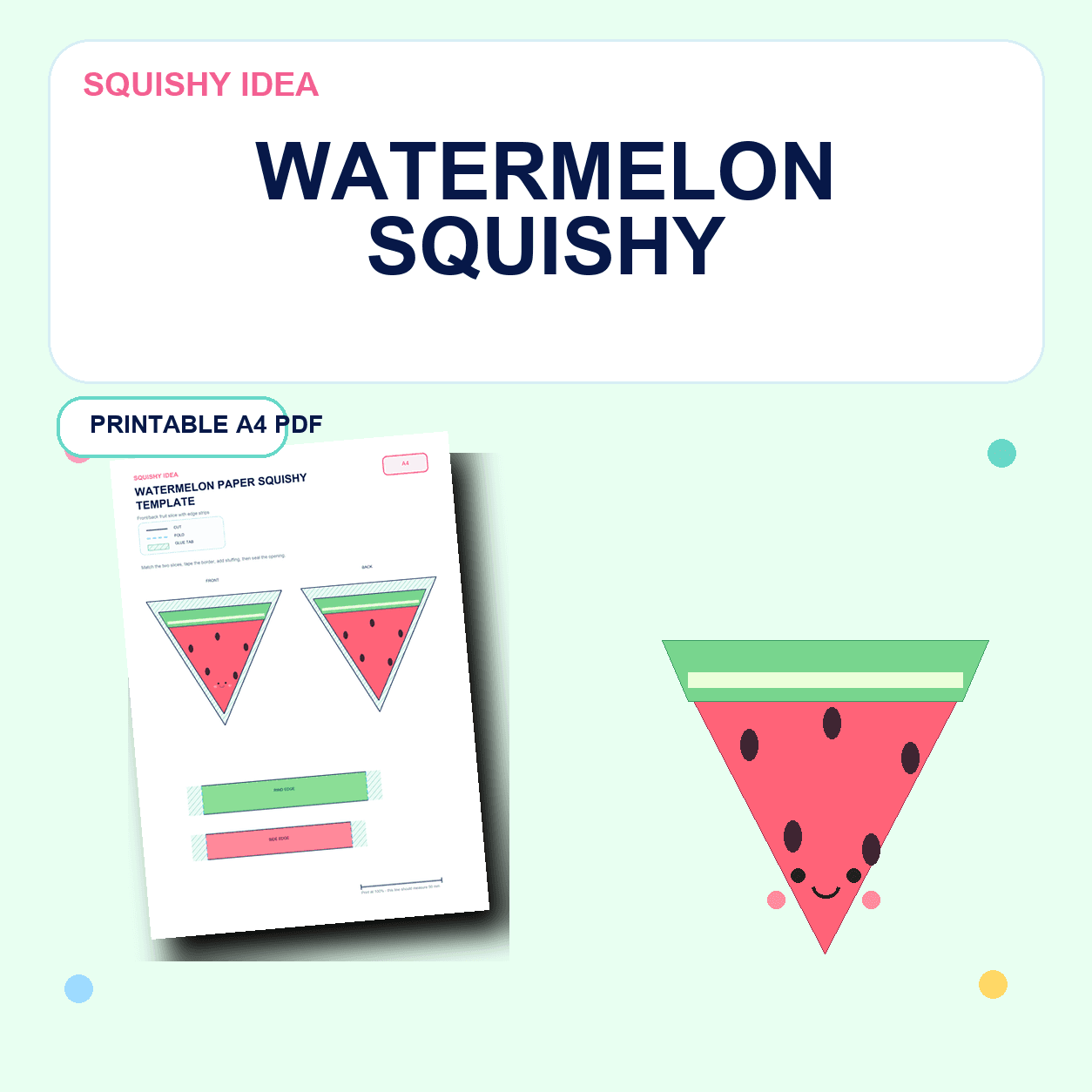 Watermelon paper squishy template preview with printable red fruit slices and a smiling finished watermelon craft